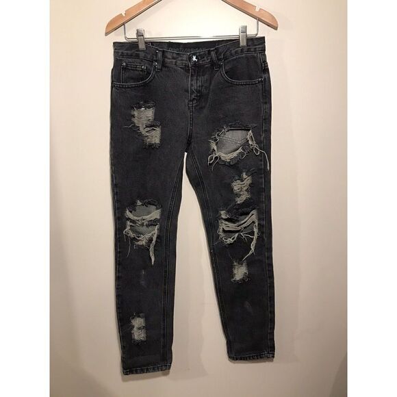 One Teaspoon Distressed Jeans Womens 24 Ripped Washed Denim Black - Picture 2 of 7